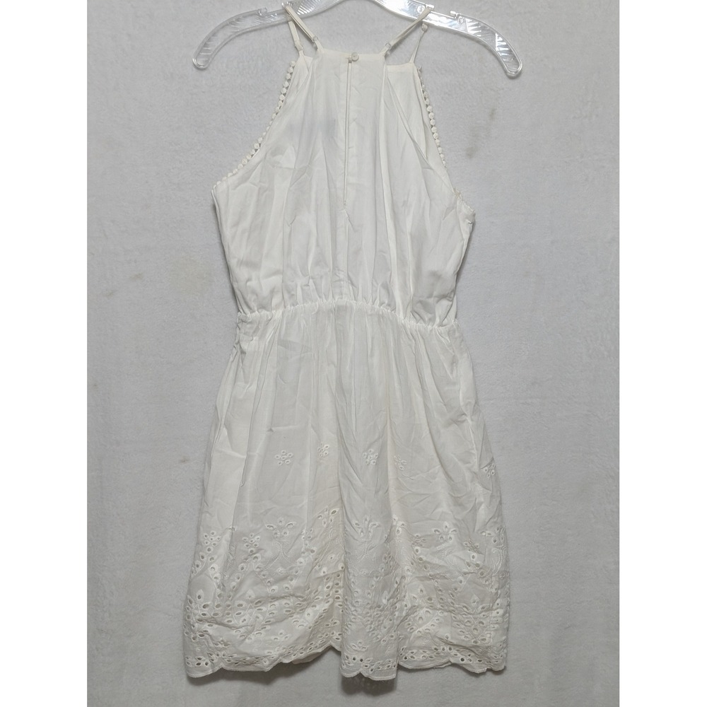 Blue Rain White Eyelet Mini Dress Womens Small Halter Neck Pom Pom Trim Scallop - Picture 6 of 7